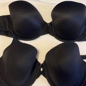 2 Victoria’s Secret black bras, size 36D, one strapless one regular